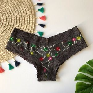 Victoria's Secret PINK Lace Trim Cheekster Panty Dark Charcoal Holiday Lights L